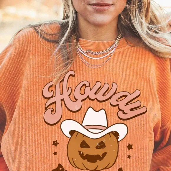 Orange Howdy Pumpkin Halloween Graphic Corded Sweatshirt - Picture 1 of 8